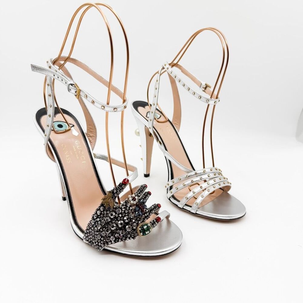 Gucci GG Wangy Crystal Embellished Silver Spike Studded Heels New EU 41 US 11 - Picture 2 of 15